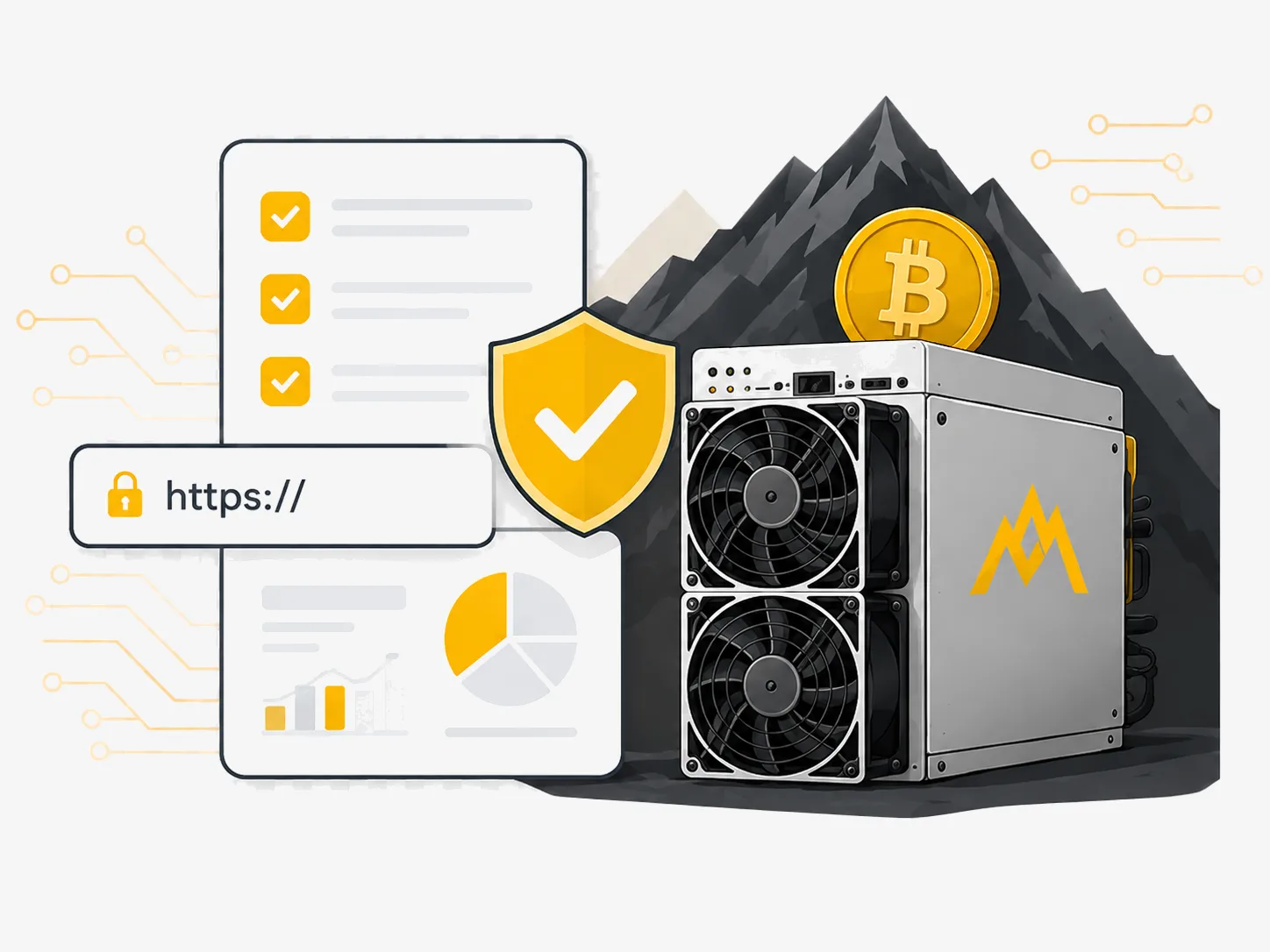 OneMiners methodology illustration showing review checklists, source URL verification, a shield, Bitcoin coin, mountain, and ASIC miner.